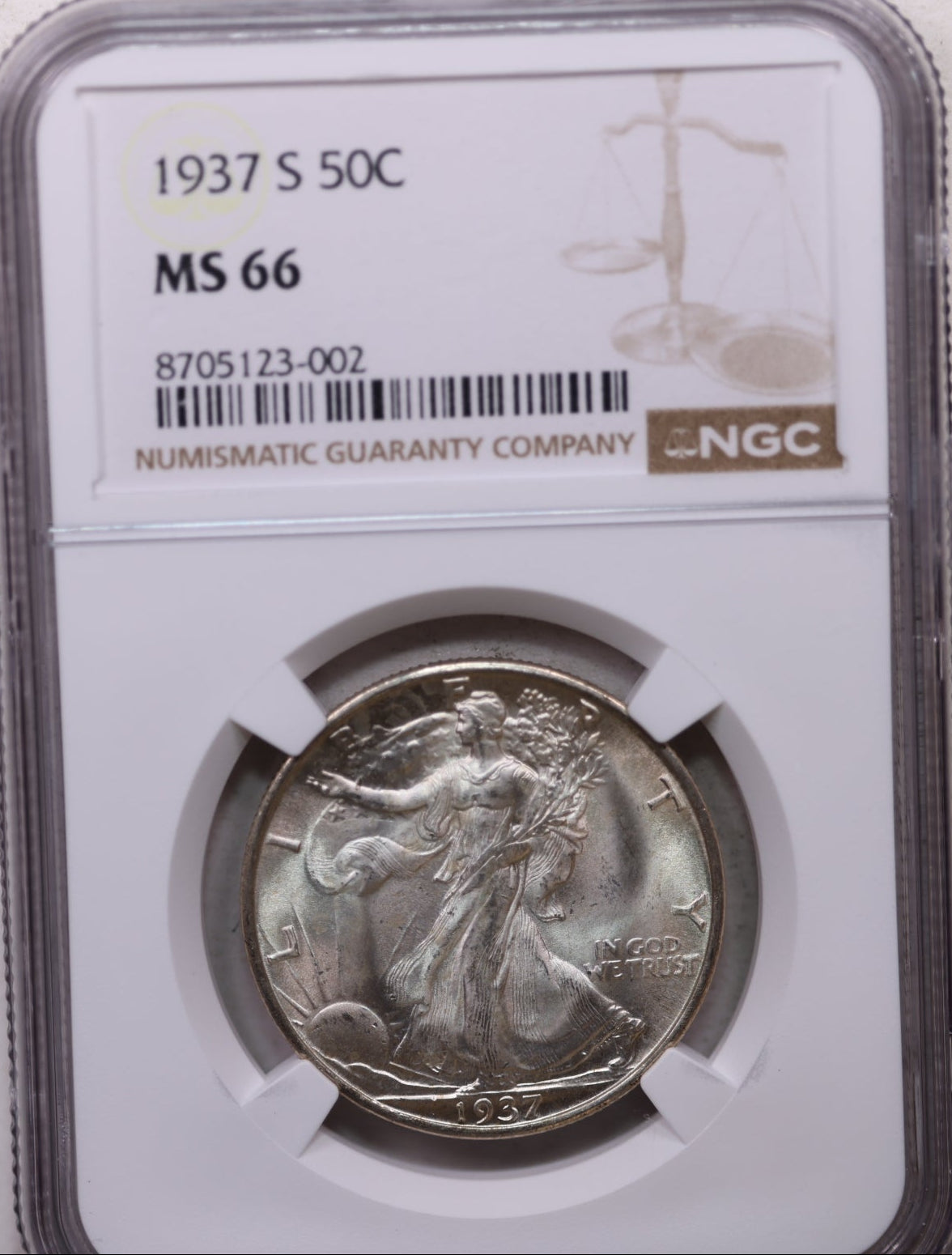1937-S Walking Liberty Silver Half Dollar, Mint State, NGC MS-66. Store #GHR125.