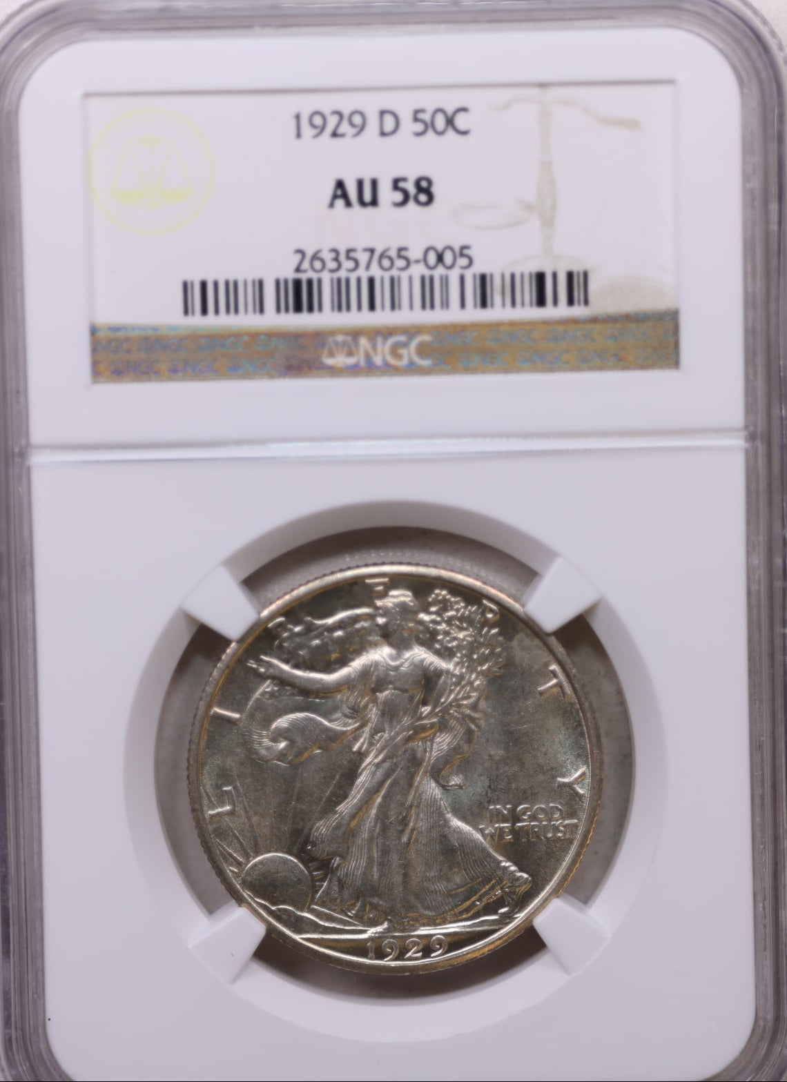 1929-D Walking Liberty Silver Half Dollar, Mint State, NGC AU-58. Store #GHR126.