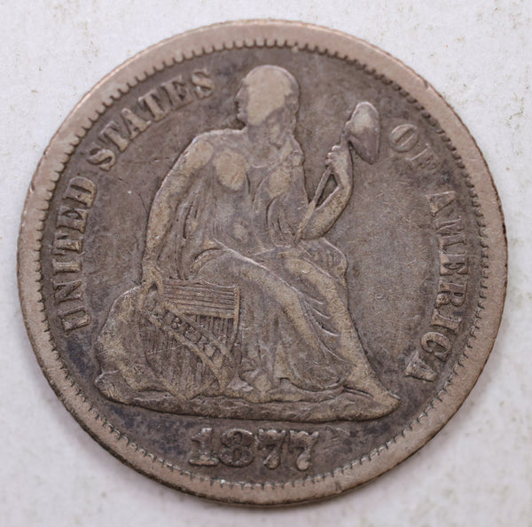 1877 Seated Liberty Dime, Collector Circulated Coin, Store Sale #DE757.