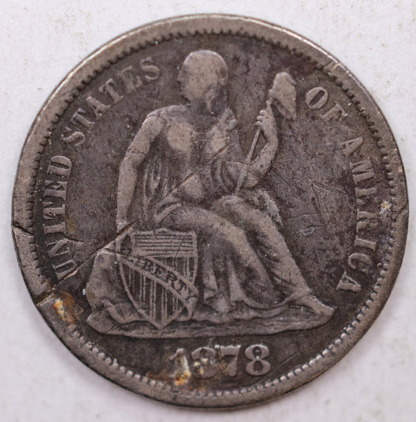 1878-CC Seated Liberty Dime, Detailed Collector Circulated Coin, Store Sale #DE761.