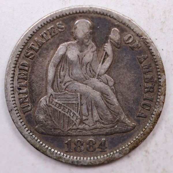 1884 Seated Liberty Dime, Collector Circulated Coin, Store Sale #DE767.