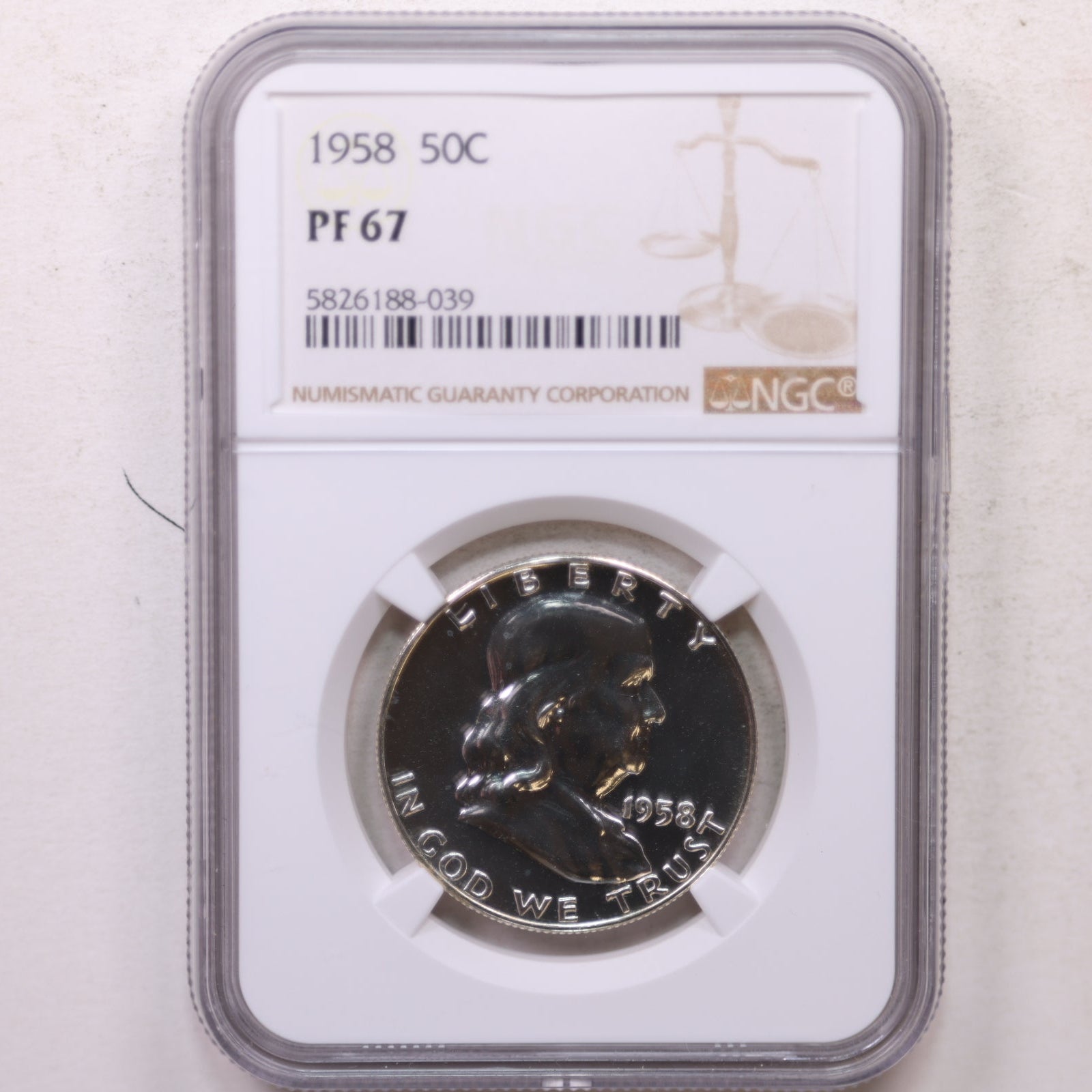 1958 Franklin Half Dollar, Gem Proof Strike, NGC PF 67, Store #GHR133
