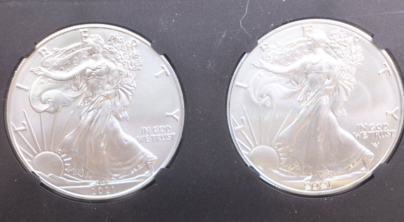 2021 American Silver Eagle, 2 Coin Set, Type 1 & 2, NGC Holder, Store SALE