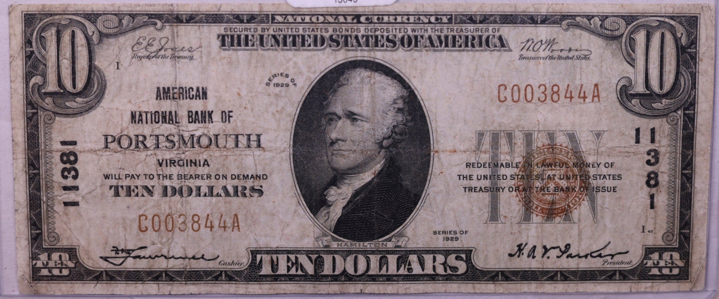 1929 $10., National Currency., Portsmouth, VA.,  Store #0777