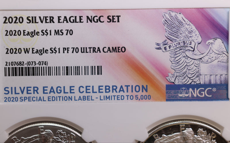 2020 American Silver Eagle, 2 Coin Set, NGC MS-70 & PF-70, Store SALE
