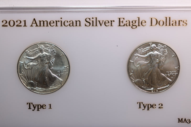 2021 American Silver Eagle, 2 Coin Set, Type 1 and 2, In Capital Holder, Store