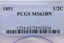 1851 HALF CENT., PCGS MS-63, BROWN., STORE SALE