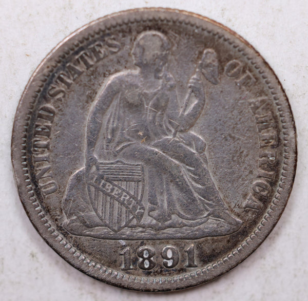 1891 Seated Liberty Dime, Collectible Circulated Coin, Store Sale #DE783.