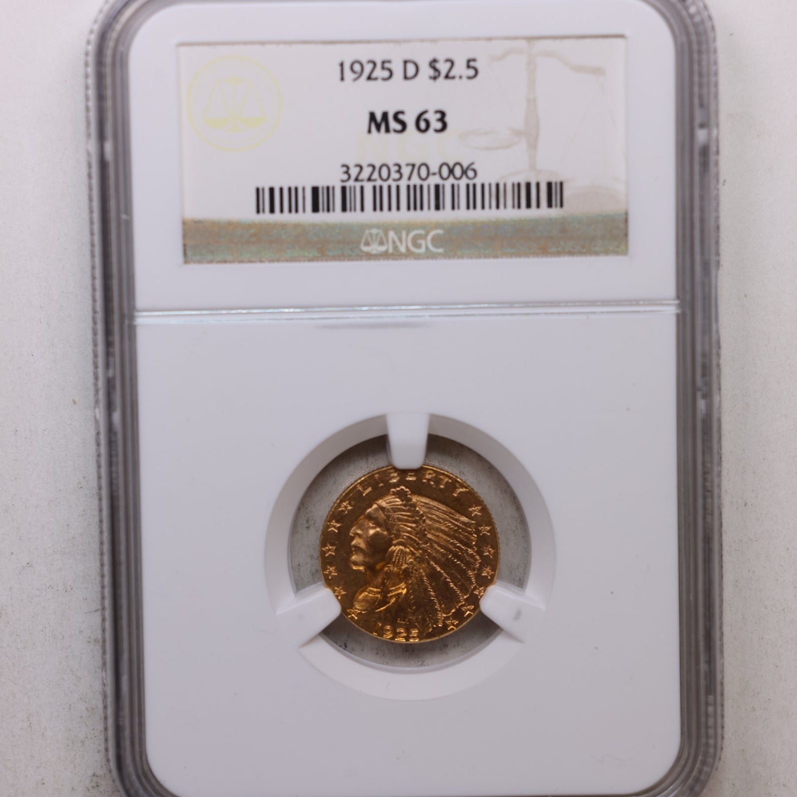 1925-D $2.50 Quarter Gold Eagle, Certified and Graded, NGC MS-63, Store #G0129.
