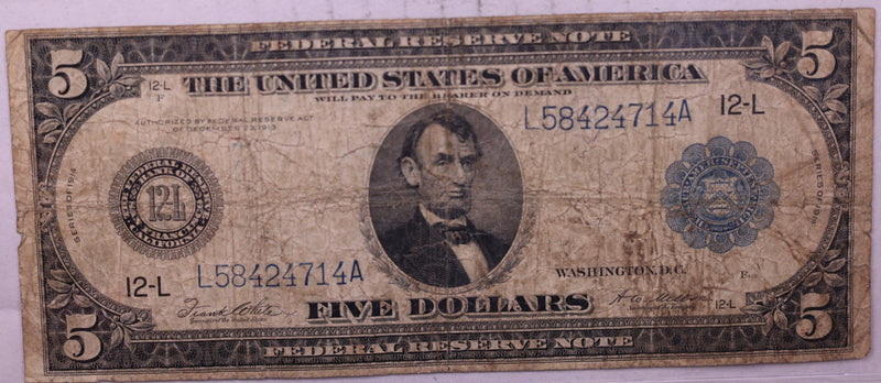 1914 $5, Federal Reserve Note., Circulated Currency.,  Store Sale