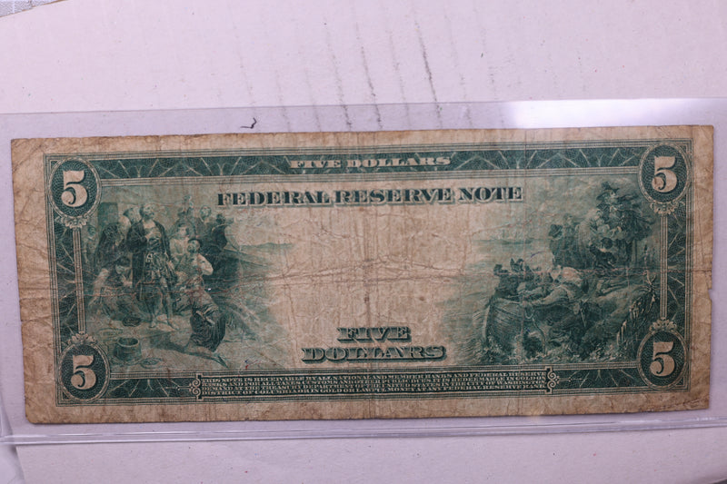 1914 $5, Federal Reserve Note., Circulated Currency.,  Store Sale