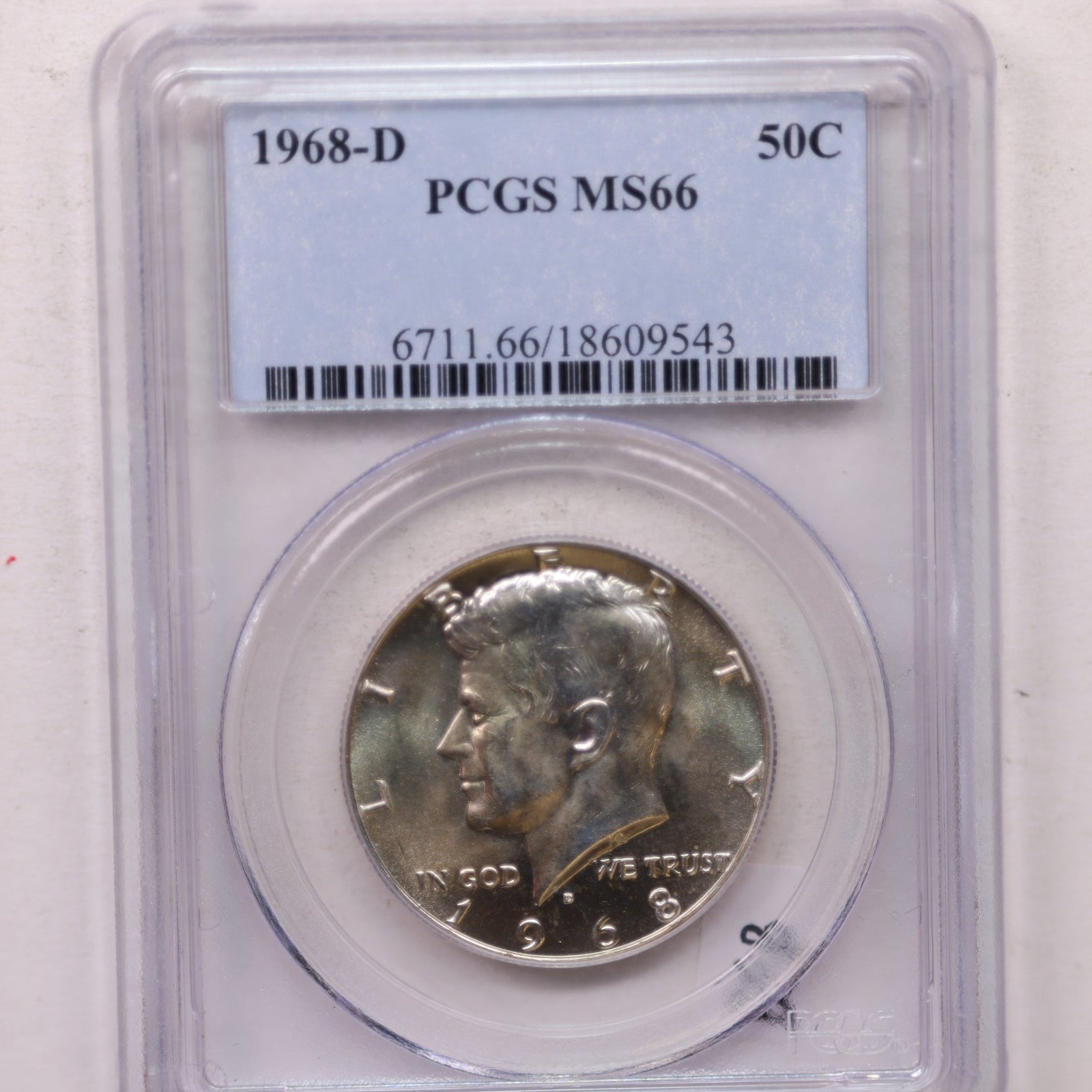 1968-D Kennedy Silver Clad Half Dollar, Uncirculated Coin, PCGS MS-66, Store #GHR143.