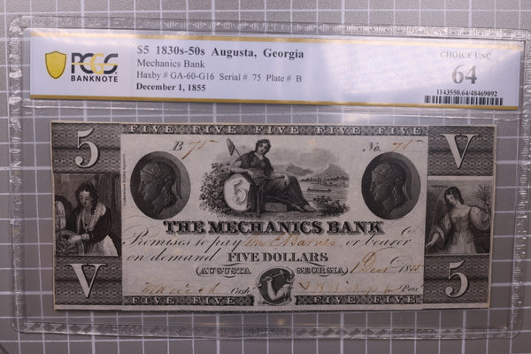 1855 $5., Augusta, GA., Obsolete Currency., PCGS CU-64., Store #GGA001