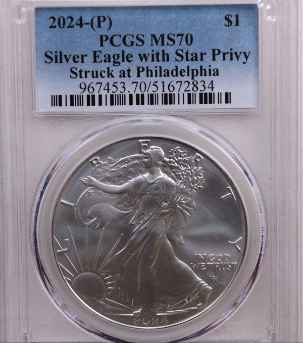 2024-(P) American Silver Eagle, with Star Privy, PCGS MS-70., Store# AE0232.