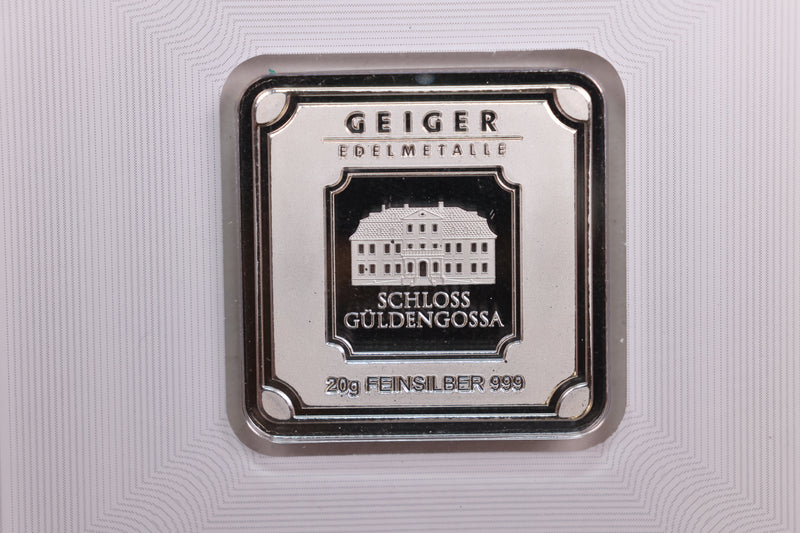 Geiger Original 20 Gram .9999 Silver Bar in Holder. Store Sale S0005.