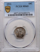 1911 Barber Silver Dime, Uncirculated Coin, PCGS MS-65, Store Sale