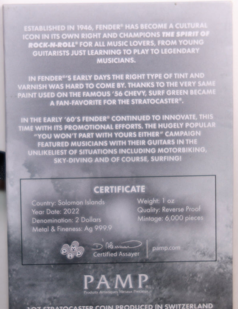 Fender guitar coin packaging with text and PAMP logo on a white background