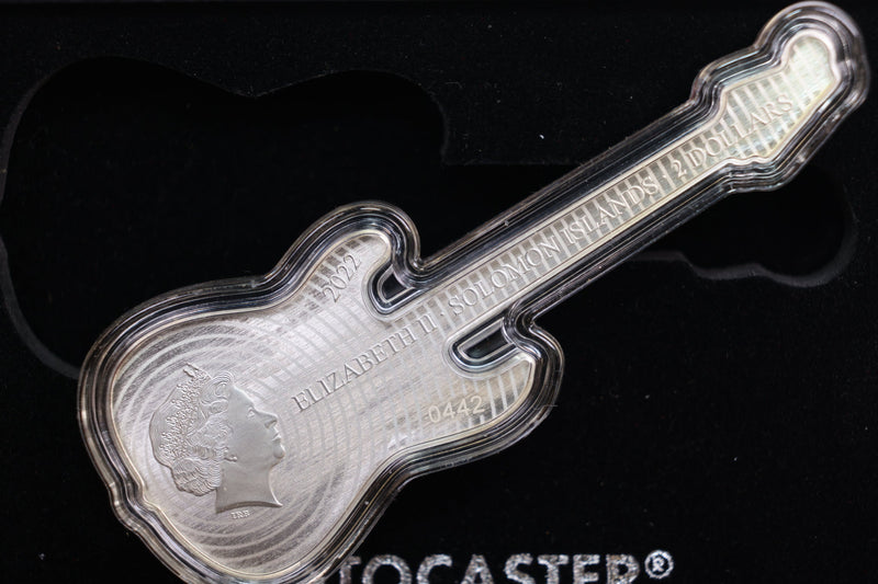 1 Troy Ounce Silver, Shaped and Formed into a Fender Guitar. Store Sale S0004.
