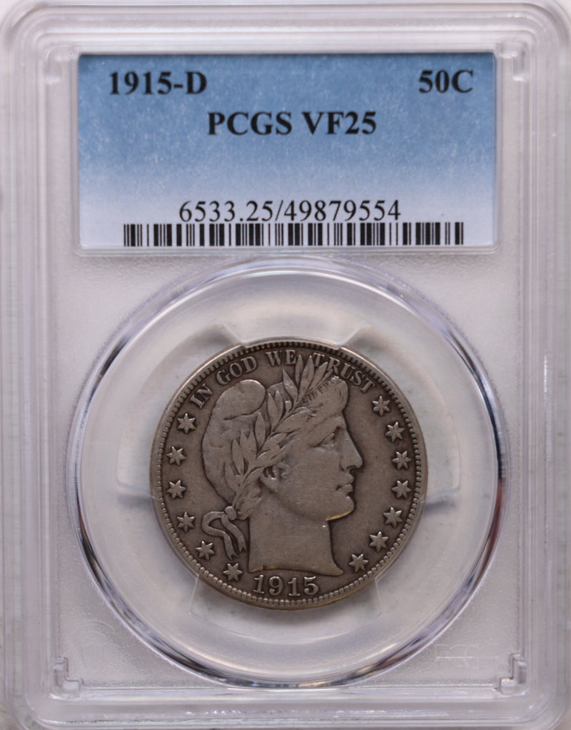 1915-D Barber Half Dollar, Circulated Coin, PCGS VF-25, Store Sale