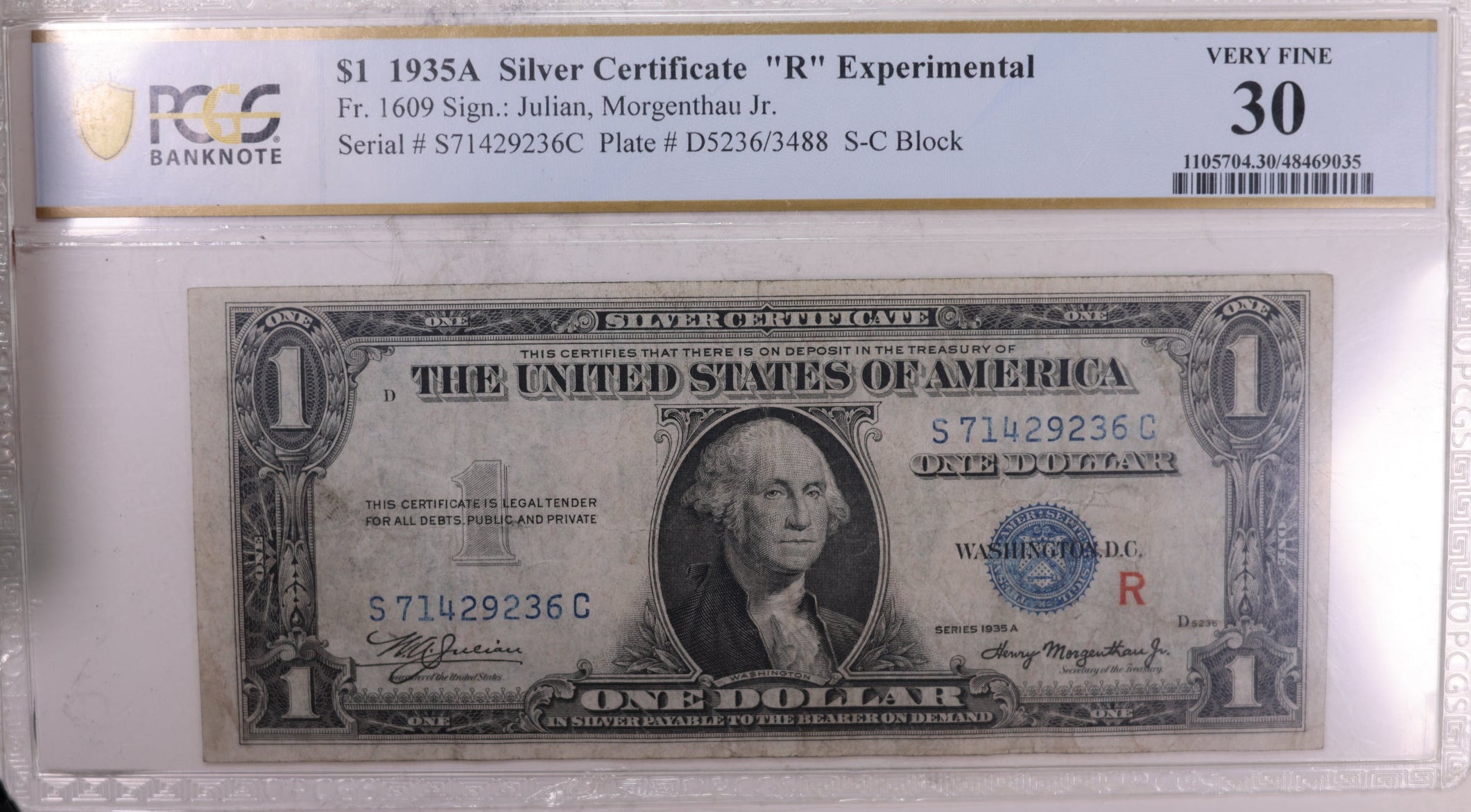 1935A Silver Certificate., "R" Experimental., FR 1609., PCGS VF-30., Store #GSSC022