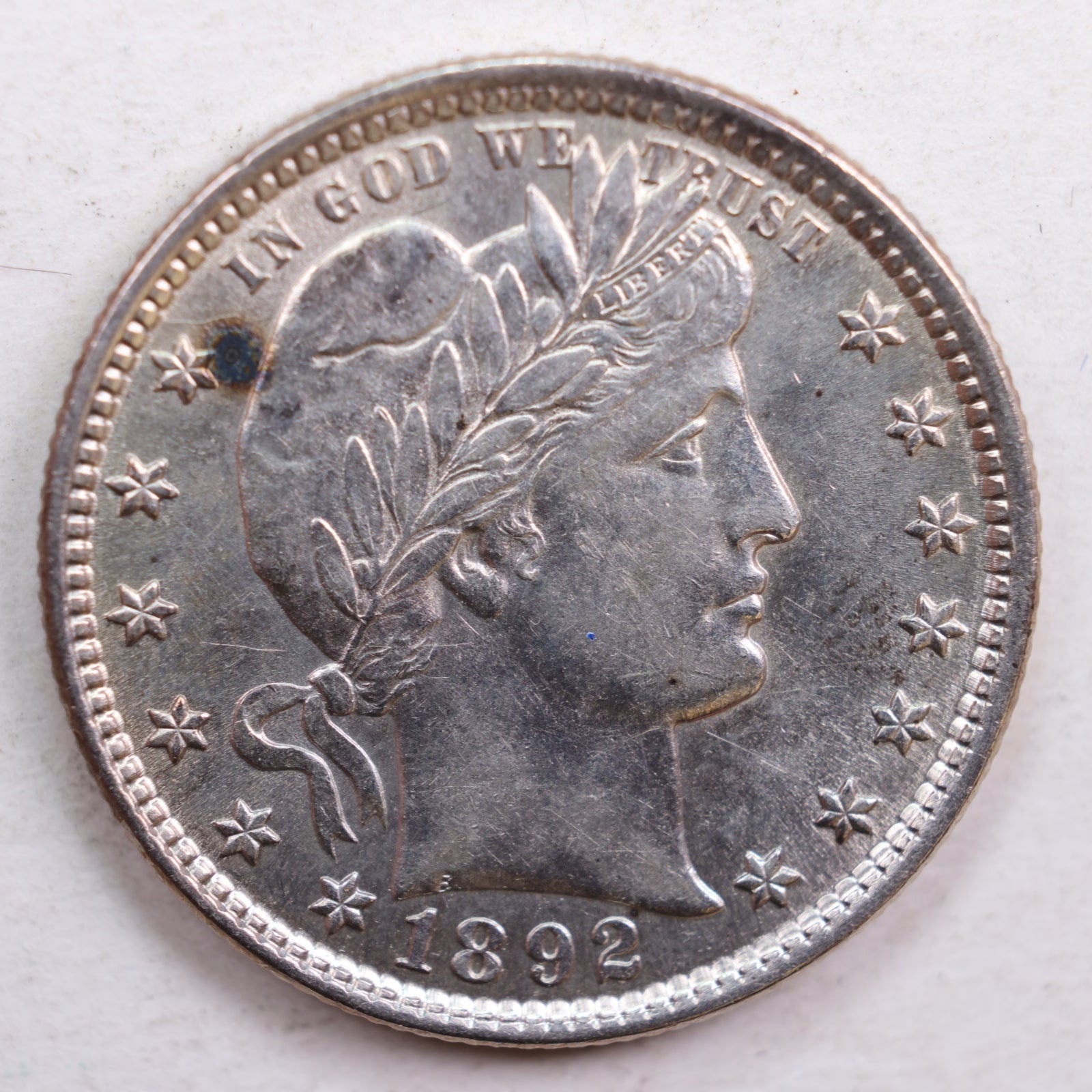 1892 Barber Silver Quarter, Mint State Uncirculated Coin, Store #QR609