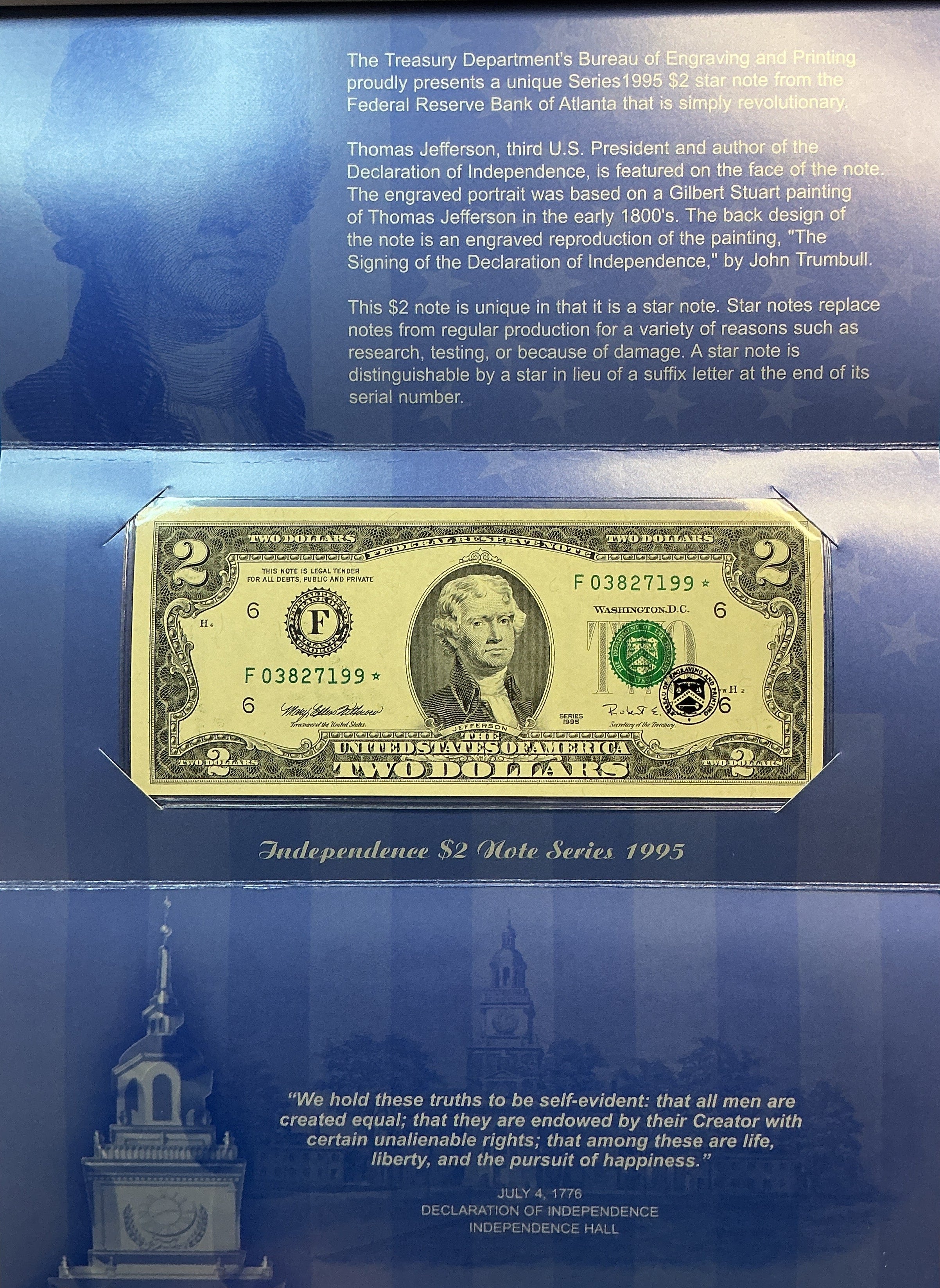 1995 Independence $2 Note Series, BEP, Star Note, Store #FRN031