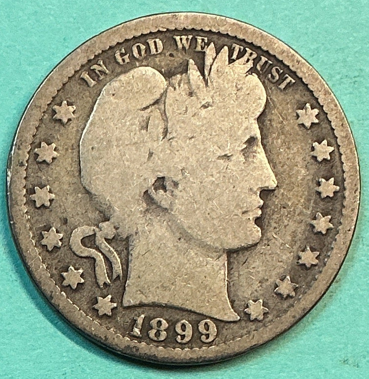 1899 Barber Quarter., Good+ Circulated Details., Store#QR1213
