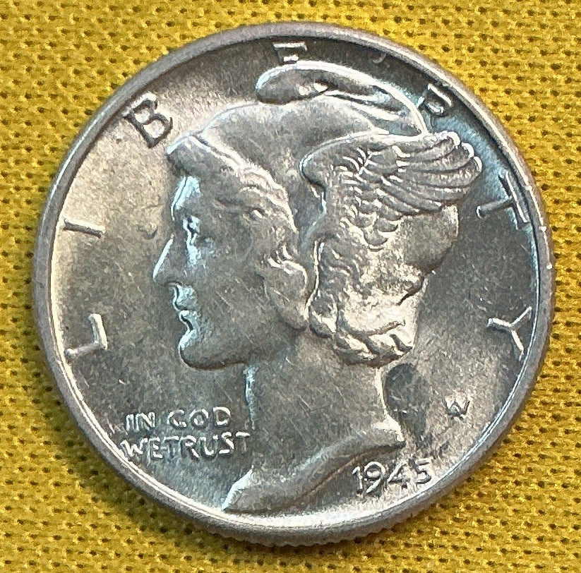 1945 Mercury Dime, Mint State Uncirculated Coin, Store #DE0697