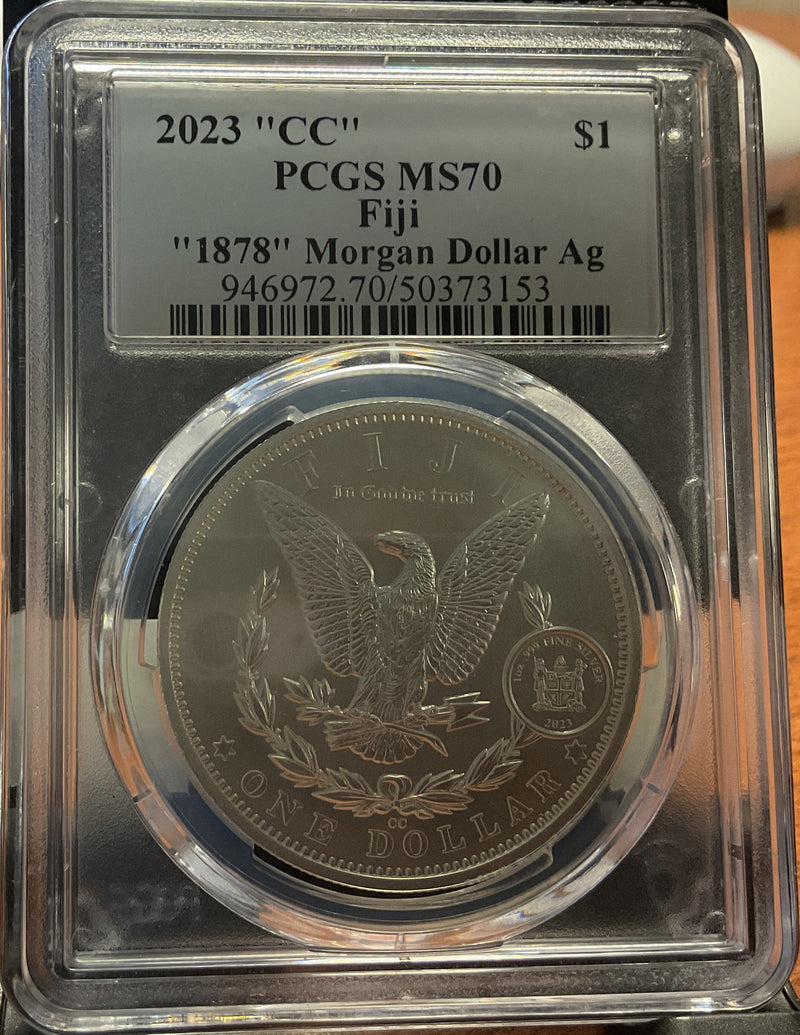 .999 silver, 1 Troy Ounce, 2023 Fiji Privy Morgan Ag, PCGS MS-70, Store