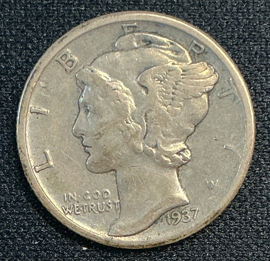1937 Mercury Dime, Fine Circulated Coin, Beautiful Toning! Store #DE0646