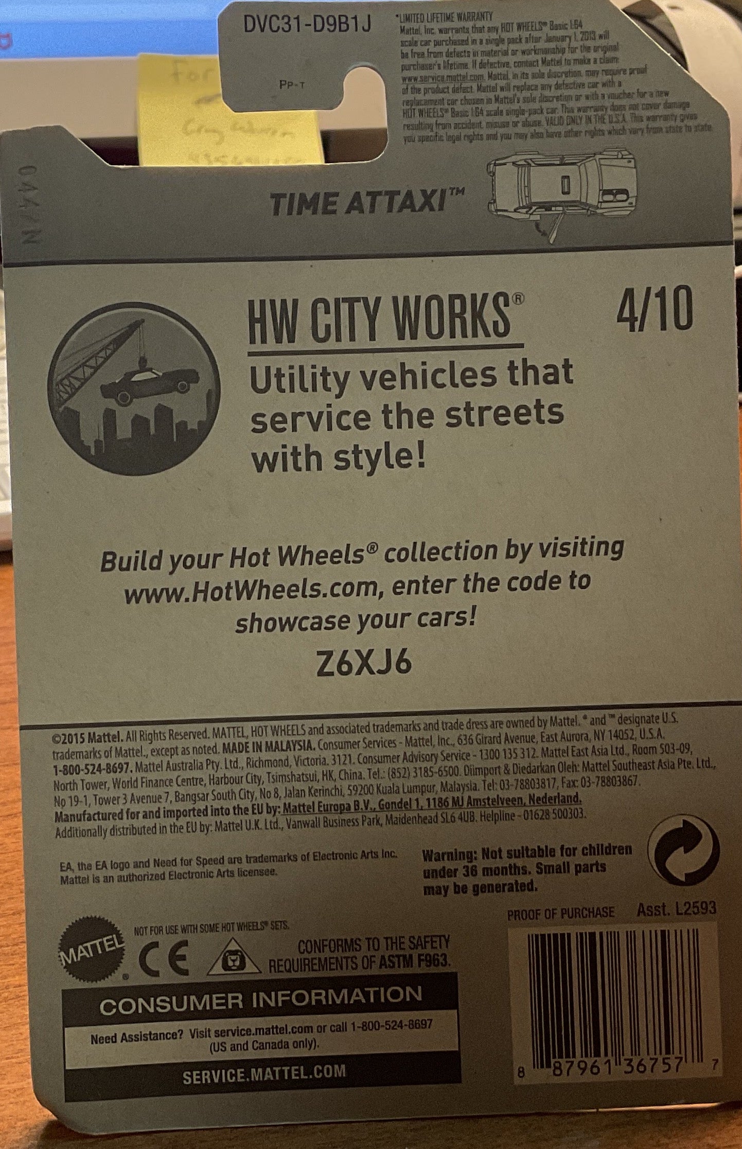 TIME ATAXXI, Hot Wheels Toy Car, DVC31-D9B1J, 'HW CITY WORKS', Store #TY017