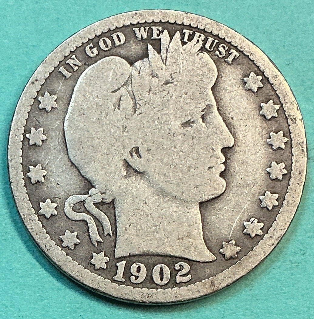 1902 Barber Quarter., Good+ Circulated Details., Store#QR1222