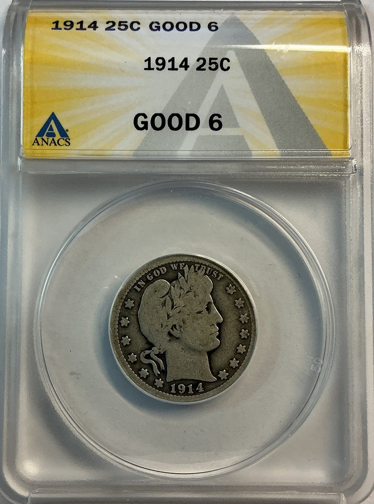 1914 Barber Quarter, ANACS Good 6. Store #QR1535