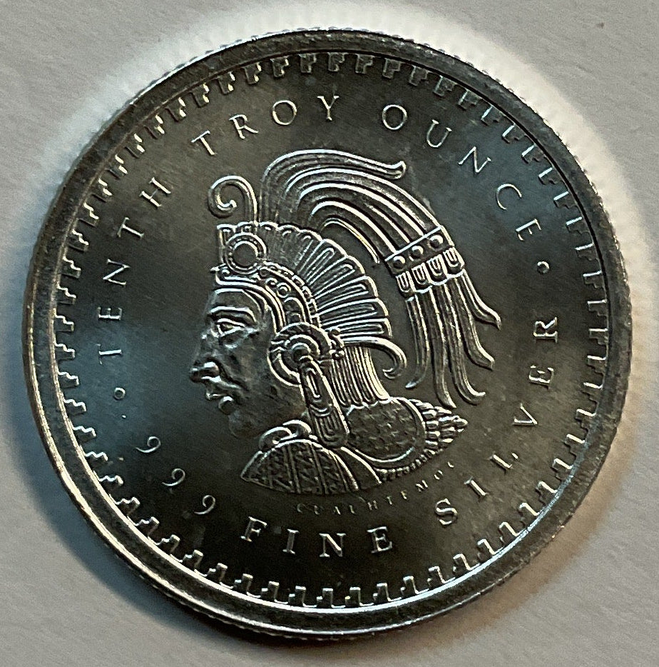 999 silver, 1/10 Troy Ounce, Aztec Calendar Silver Round Bullion, Sto