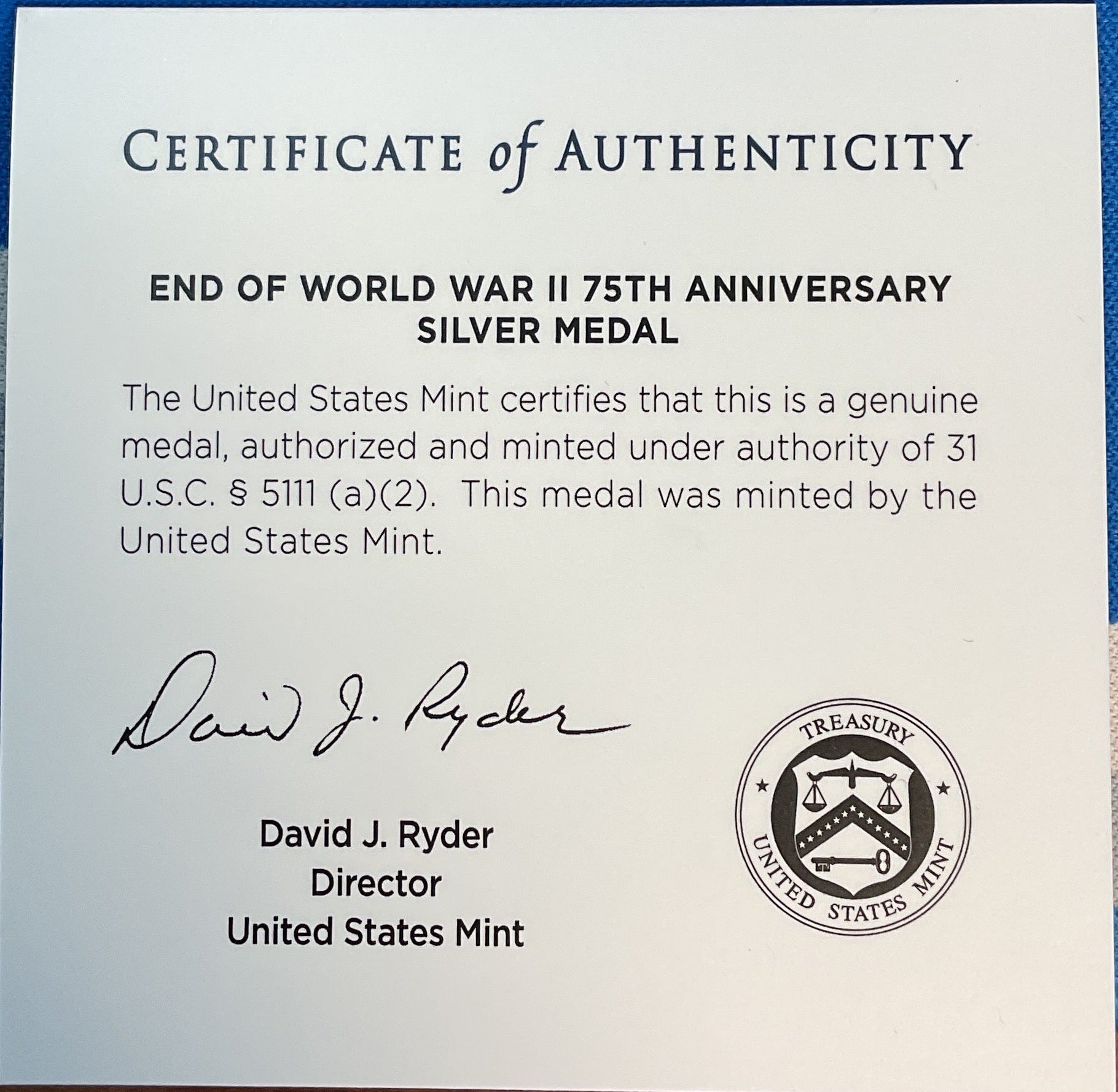 U.S. Mint, End of World War II, 75th Anniversary Silver Medal, #SR011