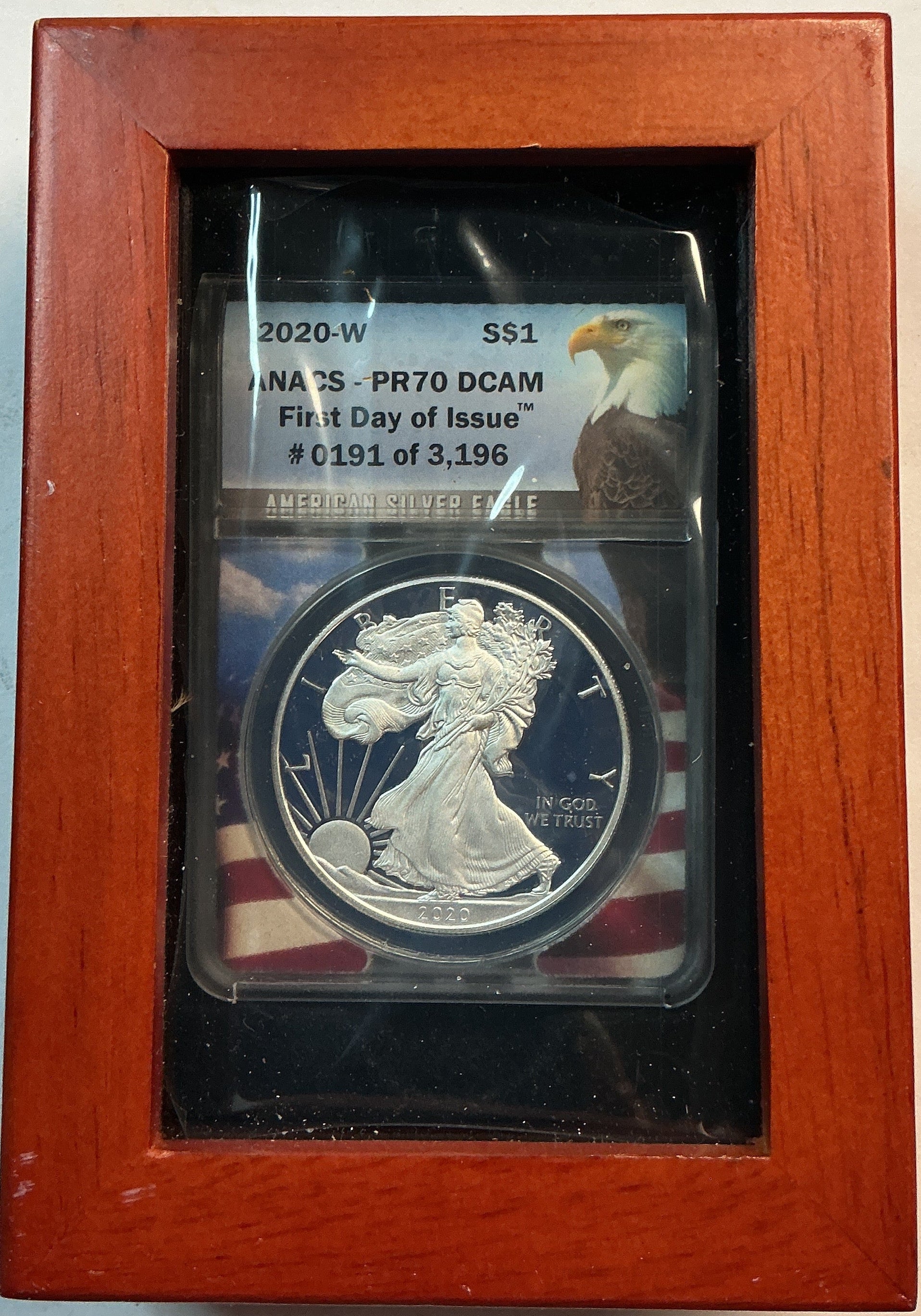 2020-W American Silver Eagle, ANACS PR-70 DCAM, in BOX, Store# AE0348