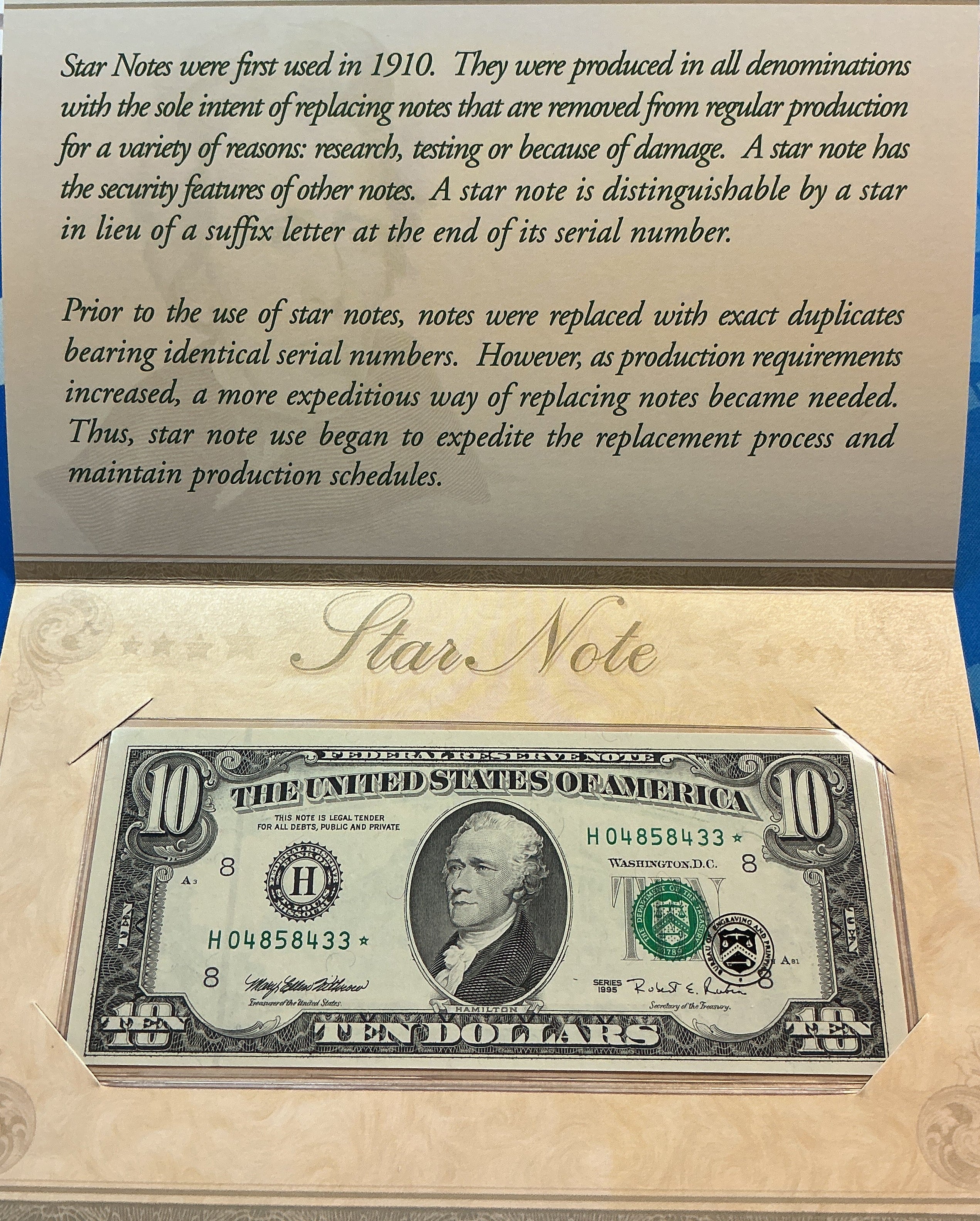 1995 Series, $10 Note, Dept of Treasury, Star Note, Store #FRN026