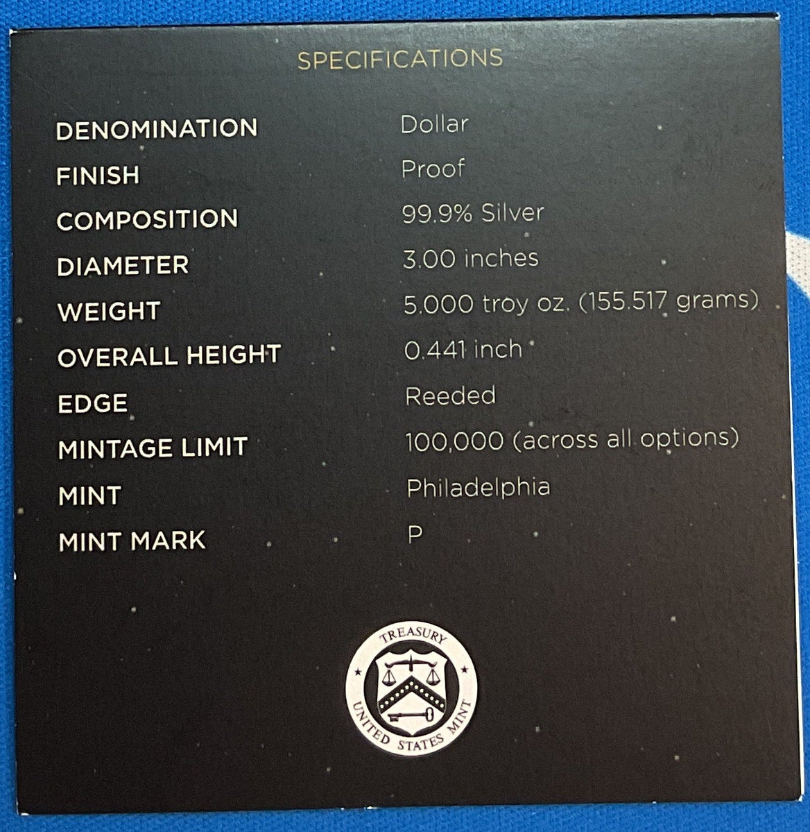 2019 Apollo 11 50th Anniversary 5 Troy Ounce Proof Silver Coin, U.S. Mint, #SR061