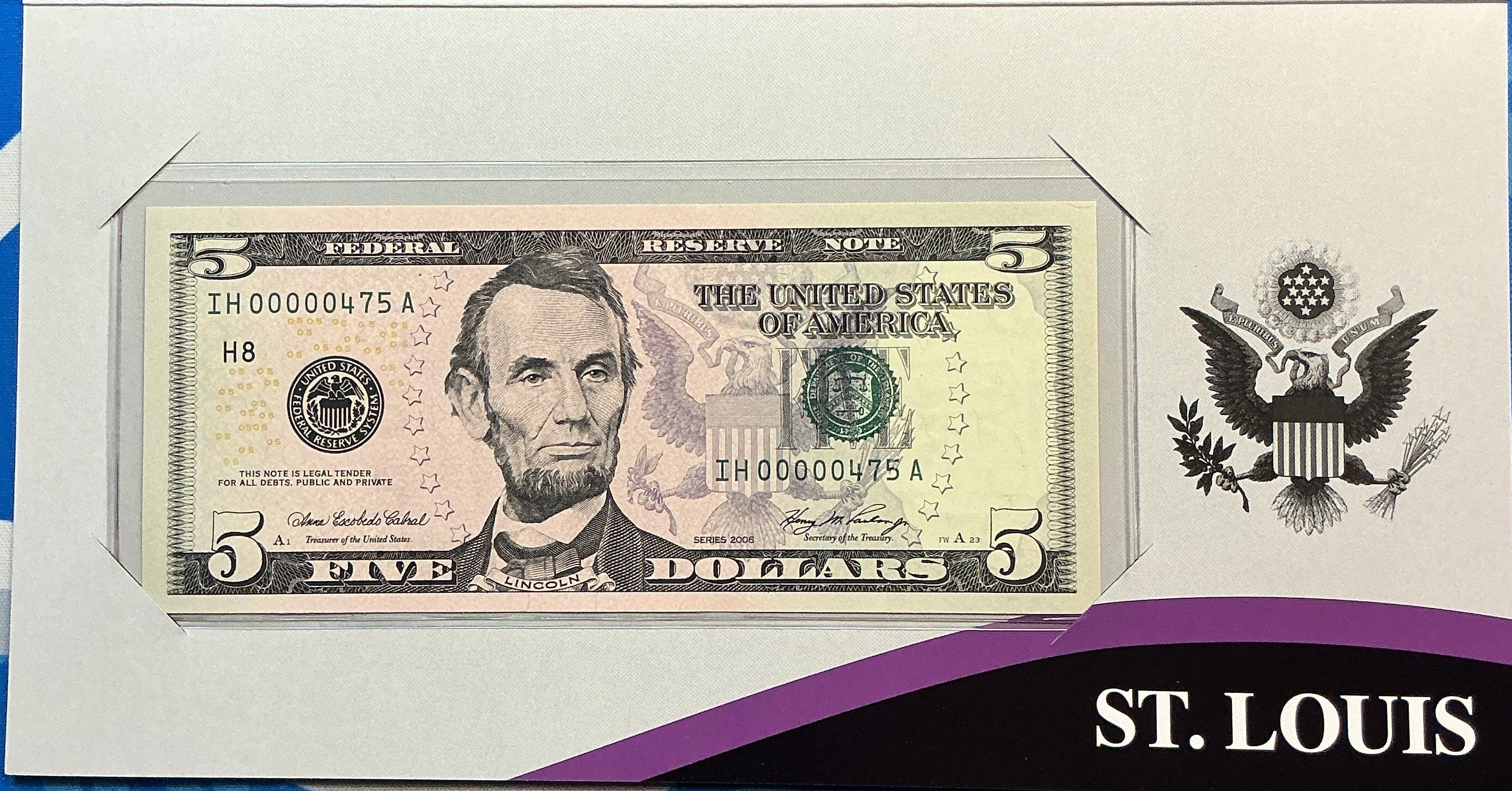 2006 Series $5 Single Notes,12 ea, F.R.N, 'LOW SERIAL NUMBERS', Store #FRN001