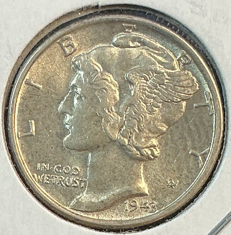 1943 Mercury Dime, Mint State Uncirculated Coin, Store #DE0691