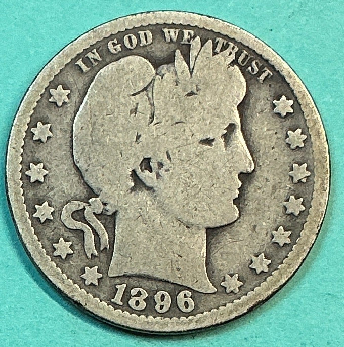 1896-O Barber Quarter., Very Good Circulated Details., Store#QR1199