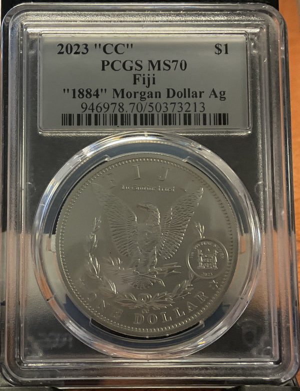 .999 silver, 1 Troy Ounce, 2023 Fiji Privy Morgan Ag, PCGS MS-70, Store #SR055