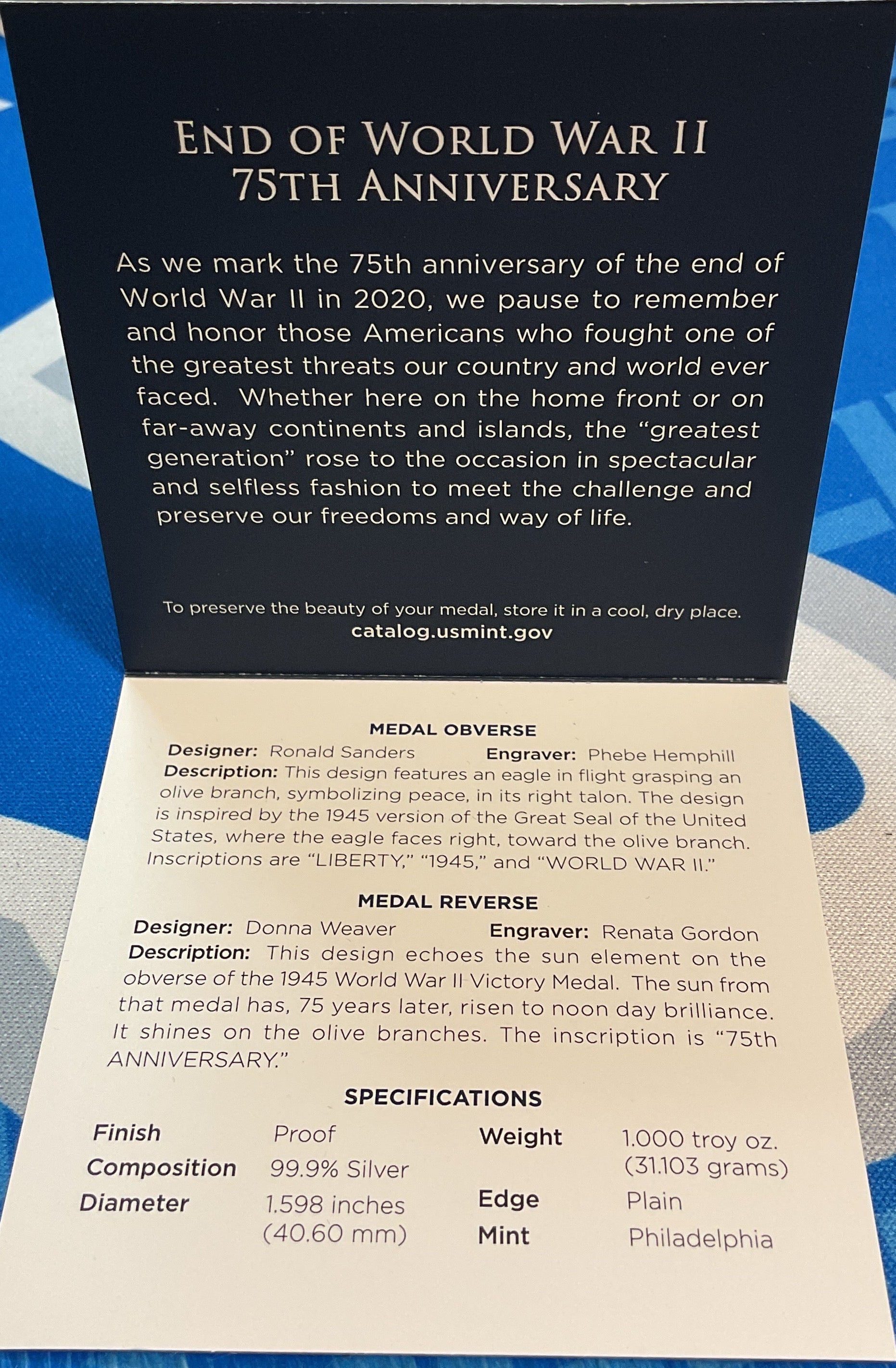 U.S. Mint, End of World War II, 75th Anniversary Silver Medal, #SR011