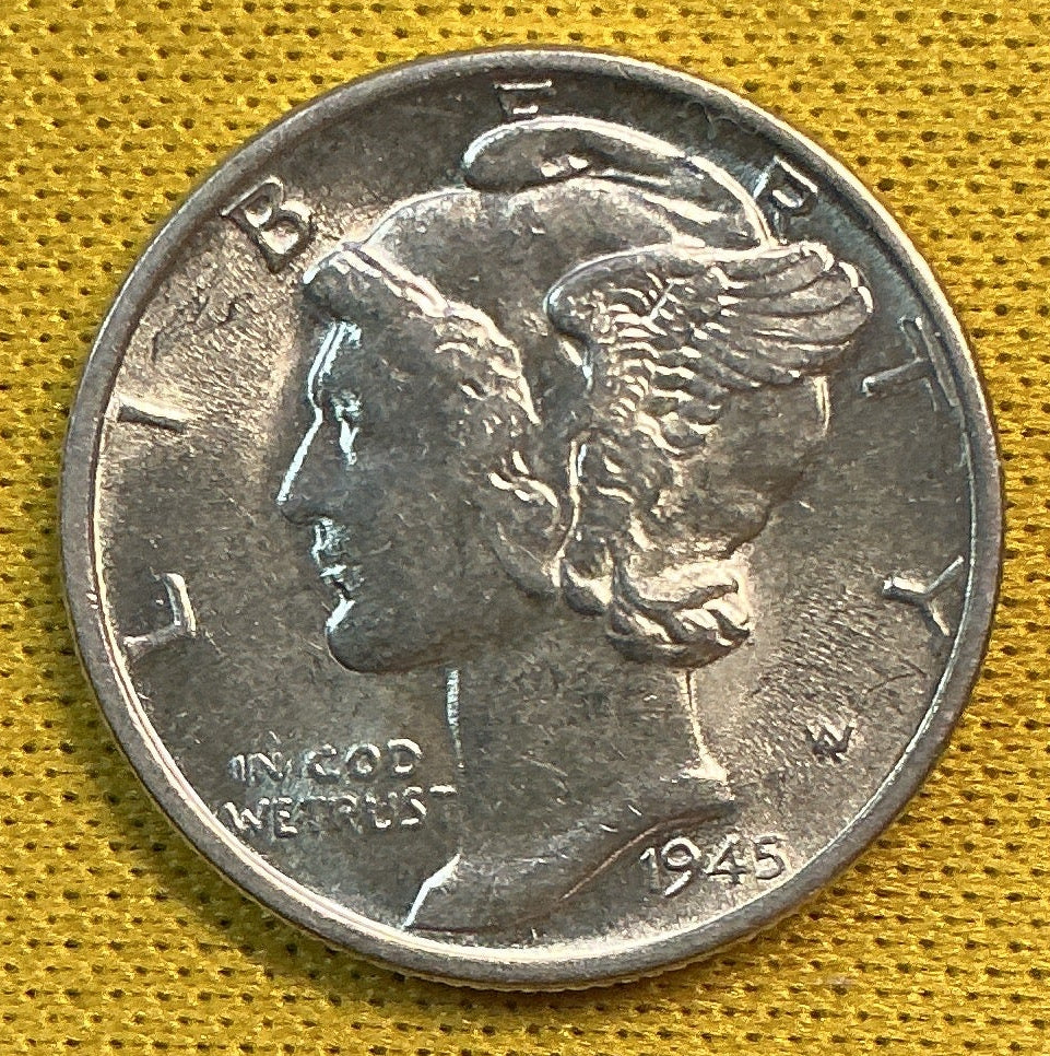 1945-D Mercury Dime, Mint State Uncirculated Coin, Store #DE0702