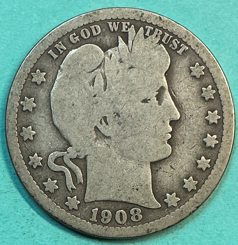 1908-S Barber Quarter., Good+ Circulated Details., Store#QR1242