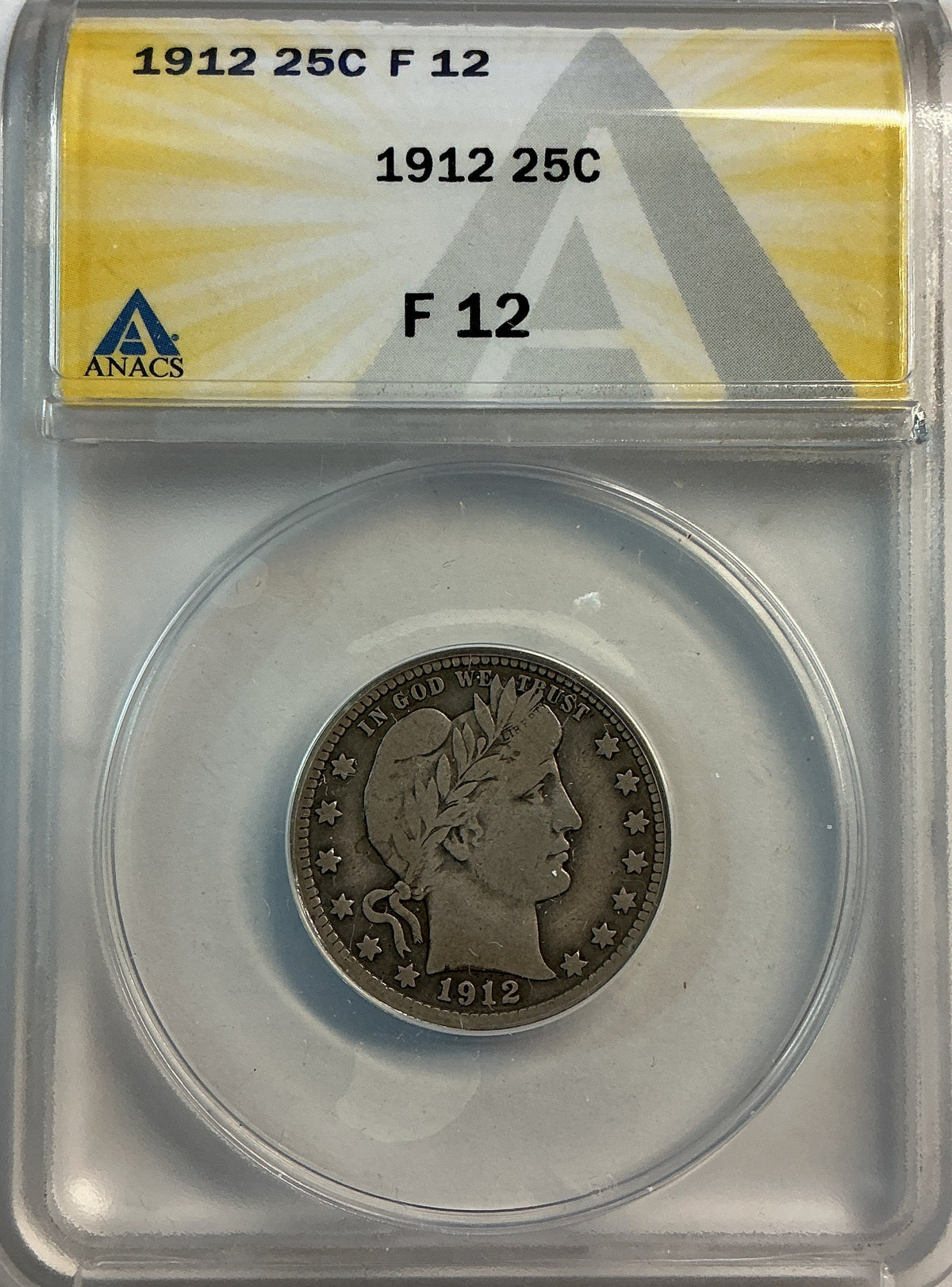 1912 Barber Quarter, ANACS Fine 12. Store #QR1497