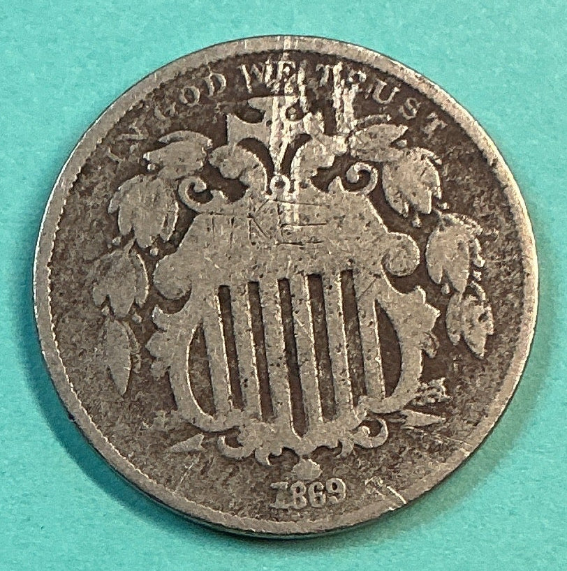 1869 Shield Nickel, Fine Details Circulated Coin, Store #NL0111