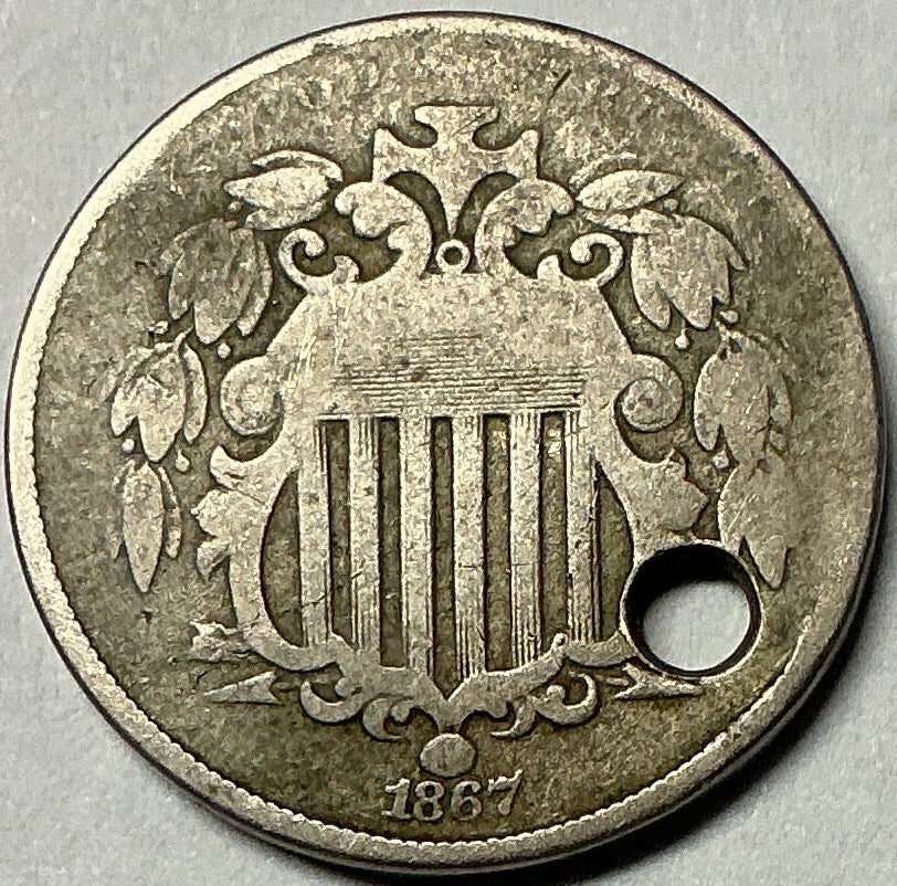 1867 Shield Nickel, Very Good Circulated Coin, Details, Store #NL677