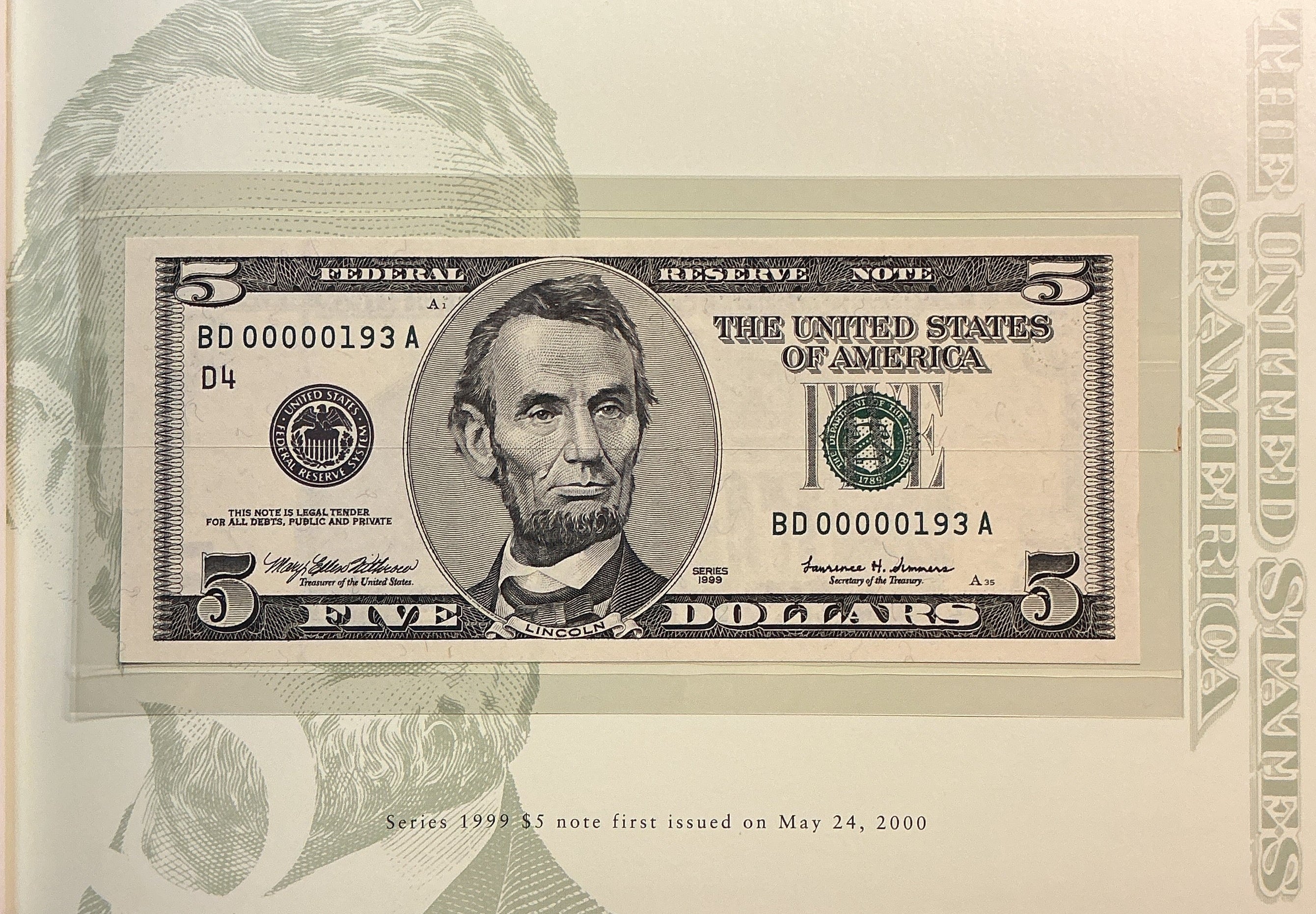 1999 Premium Federal Reserve Set, Serial #193,-$5 Notes, #FRN012