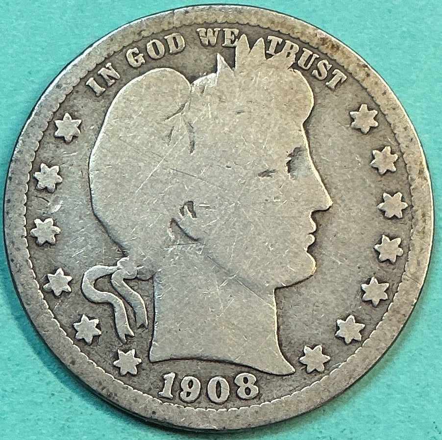 1908-S Barber Quarter., About Good Circulated Details., Store#QR1244